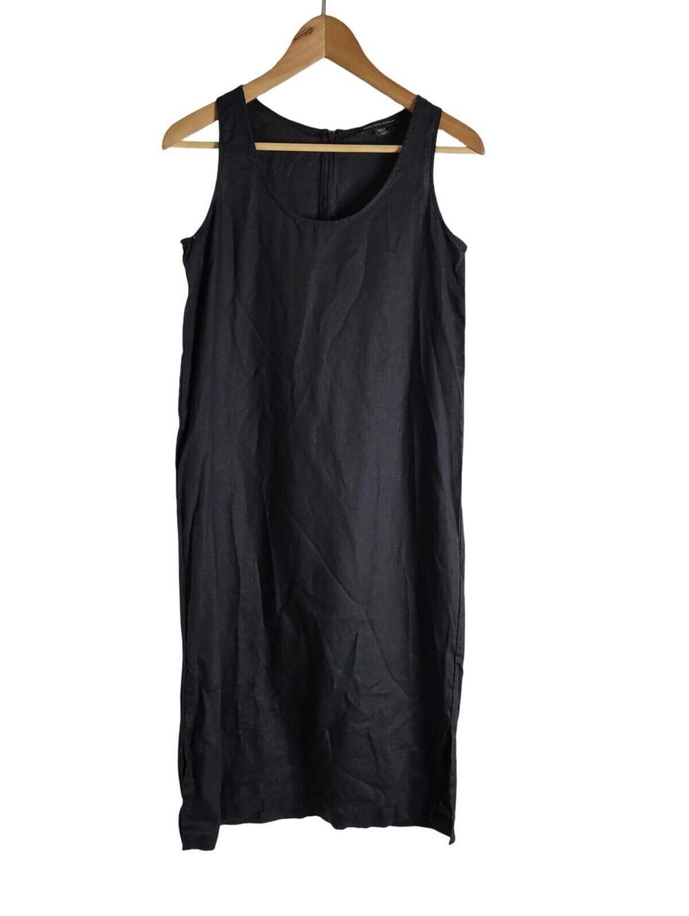Saks Fifth Avenue 100% Linen Classic Black Sleeveless Midi Dress Relaxed Fit XS
